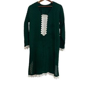 Moroccan Swiss Dot Long Sleeve Lace Trim Chiffon Kaftan Short Dress Green Small